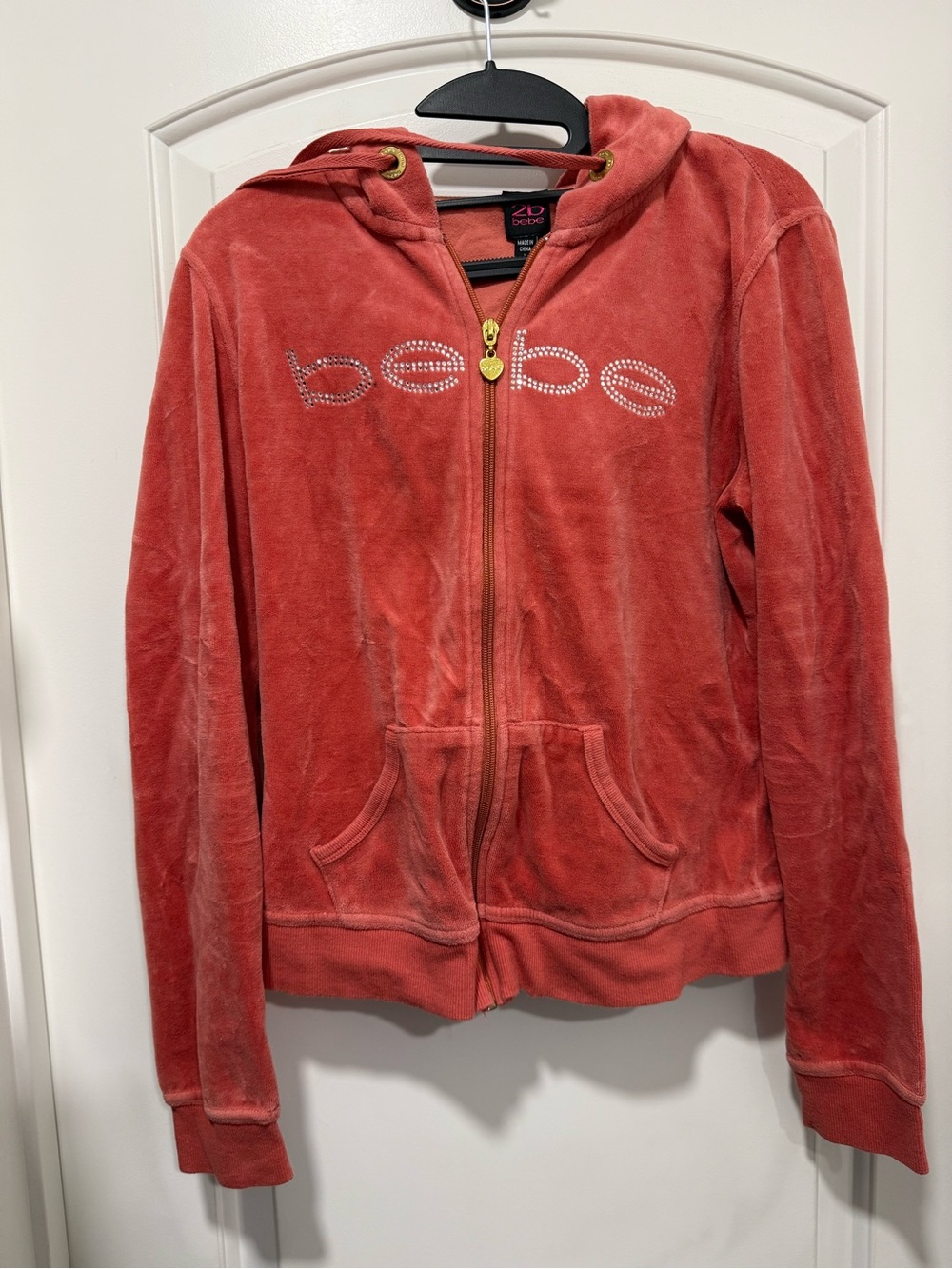bebe Coral Velour Hooded Zip-Up Jacket with Crystal Logo. Women’s Size Medium